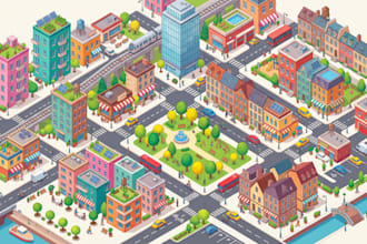 create a custom isometric city map, 3d building, landmark illustration