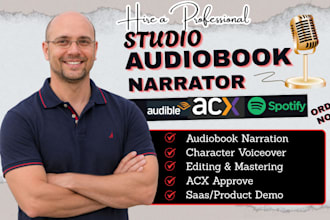 record deep male character voiceover, saas demo, narrate fiction novel audiobook