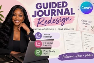 redesign your guided journal, fix canva layouts, create print ready pdfs