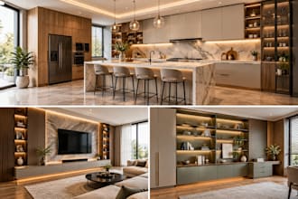 do 3d interior design for kitchen drawings, cabinet, TV media wall, shelf design