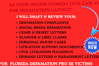 do online florida lawyer for defamation lawsuit cease and desist, demand letter