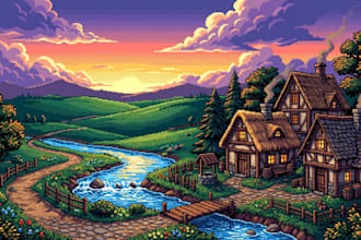 draw custom 8bit 2d pixel art background illustration game environment animation