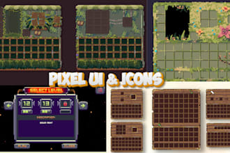 create pixel art ui design, ui interface, ui graphic, game hud, button for game