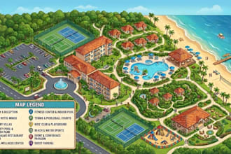 design a custom hotel site map, resort, property, and guide map