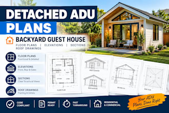 detached adu plans backyard guest house floor plans elevations sections roof dra