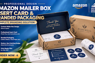 design your amazon mailer box, insert card and branded packaging design