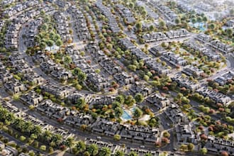 render 3d hospitality architecture, aerial urban masterplan, luxury event venue
