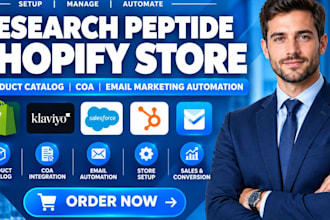 do research peptide shopify store product catalog coa email marketing automation