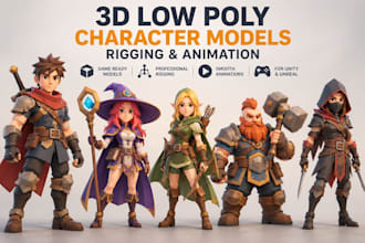 create 3d low poly character models, rigging, and animation for game assets