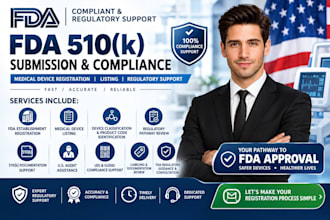 handle fda 510k submission, device listing, ndc, fda registration and compliance