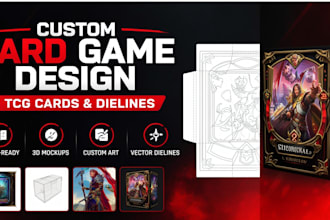 design card game illustrations, box packaging, tcg cards, tuck box and dielines
