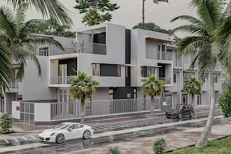 2d plan to 3d exterior cgi, modular house, facade 3d render,street layout design