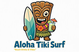 design fun aloha tiki surfing drink mascot logo with express delivery