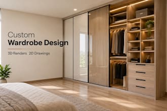 create a luxury wardrobe design with 3d visuals and detailed 2d drawings