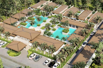 create resort aerial view,3d courtyard,cabana design,pool model,community layout