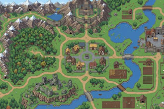 create pixel art rpg map top down game map fantasy world map environment asset