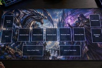 design custom tcg playmat, mtg playmat, pokemon playmat character illustration