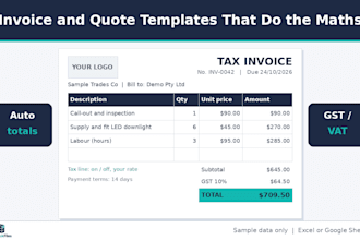 create an excel or google sheets invoice and quote template, auto totals