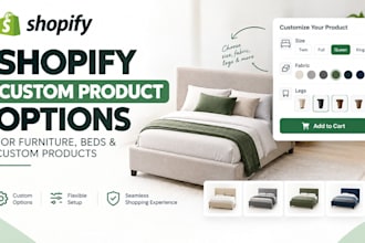 setup shopify furniture product options for size, color, fabric and mattress
