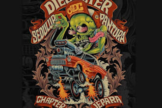 design a badass vintage skull hot rod logo and custom car t shirt illustration