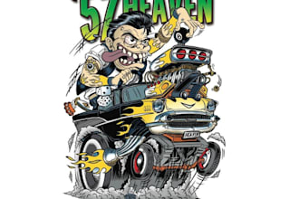make a crazy cartoon rat rod, hot rod logo and vintage car t shirt illustration