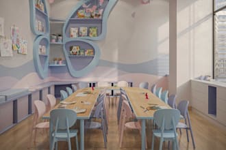 render 3d preschool, kindergarten,daycare interior, children classroom design