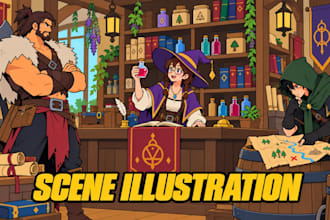 draw 2d fantasy indie game key art, visual novel scene, and illustrated cover