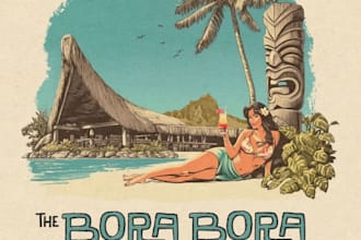 design a vintage bora bar tiki skull logo with retro tropical artwork