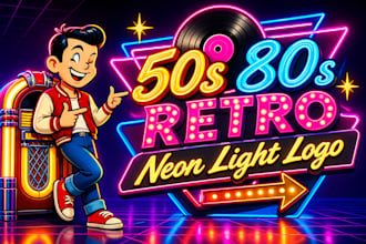 design 50s retro neon light logo, 3d vintage neon sign effect and retro mascot