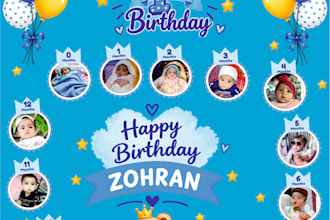 create a cute baby first birthday poster with monthly photos