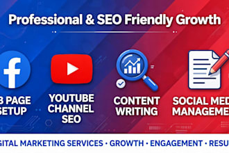 setup fb page, youtube channel SEO, content writing and SMM
