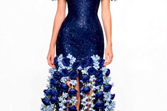 design luxury blue floral evening gown with fabric list