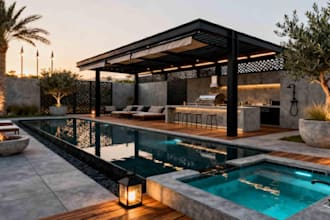 deck pergola and outdoor kitchen design with 3d landscape rendering patio pool