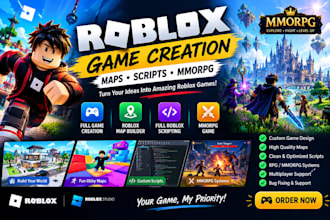 make a full roblox game creation, roblox map, full roblox scripting, mmorpg game