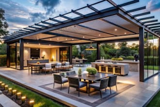 create a 3d outdoor living, patio and backyard designs