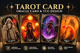 draw and illustrate custom tarot card oracle card tcg artwork with box packaging
