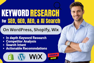 do keyword research for SEO GEO, aeo ai search on wordpress shopify, wix website