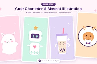 draw cute character illustrations, cartoon mascots and kawaii characters