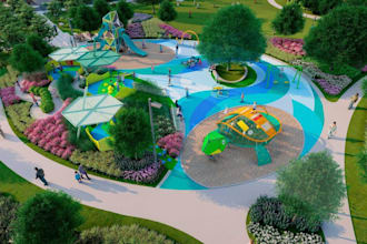 design  3d playground, kids play area,  outdoor recreational space
