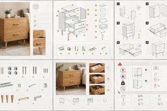 design furniture assembly manuals, instructions and technical line art drawings