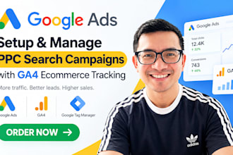 set up google ads adwords, PPC search campaigns with ga4 ecommerce tracking
