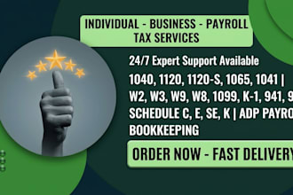 do tax filing payroll, tax 1040, 1120, 941, 940  w2, w9 and adp reports