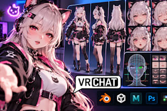 custom anime vrchat avatar, 3d model with full rigging and facial expressions