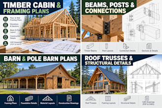 design timber cabin plans, wood framing, beams, roof trusses and structure