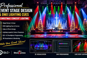 do event stage design and program dmx lighting cues, christmas concert lighting