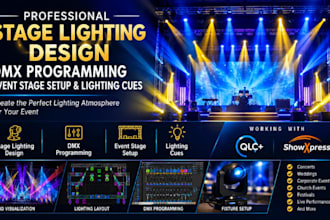 do stage lighting design, dmx programming, event stage setup and lighting cues