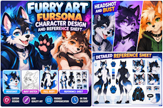 draw furry art fursona character design and reference sheet