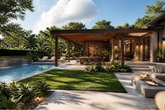 design backyard, front yard, garden, pool, patio, pergola with 3d rendering