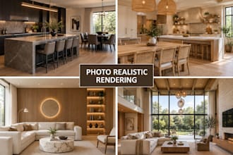 do realistic 3d kitchen, living room, and office design with video walkthrough