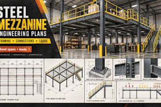 prepare steel mezzanine permit plans with framing, connections and calculations